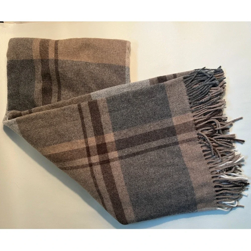Tessilechiti Brown Cream Plaid Wool/Cashmere Fringed Throw Car Blanket 51